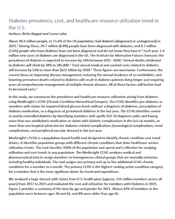 White paper: Diabetes prevalence, cost, and healthcare resource utilization trend in the U.S.